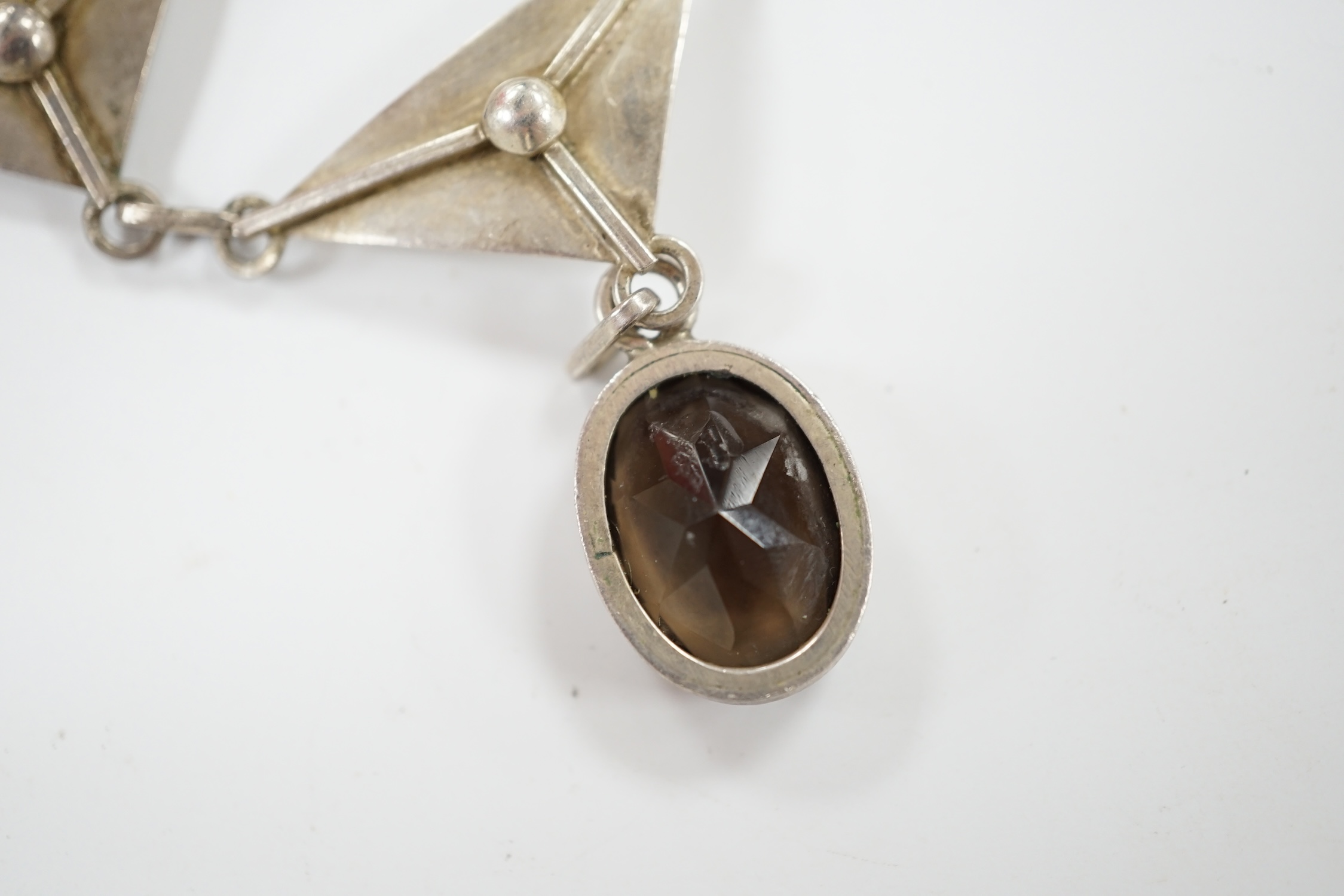 A stylish Polish white metal and single stone oval cut smoky quartz set drop choker necklace, makers mark, ON over NO?, 42cm. Condition - fair
